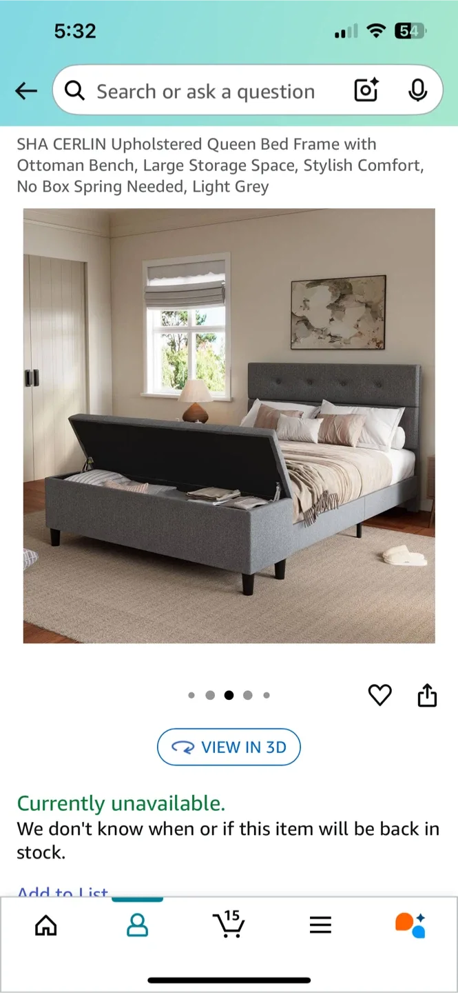 SHA CERLIN Queen Bed Frame w/ Ottoman Bench - Light Grey image indicator(2)