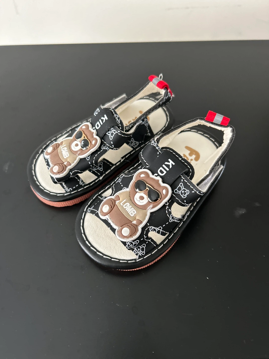 Kids Black Sandals with Bear Design - Size 20