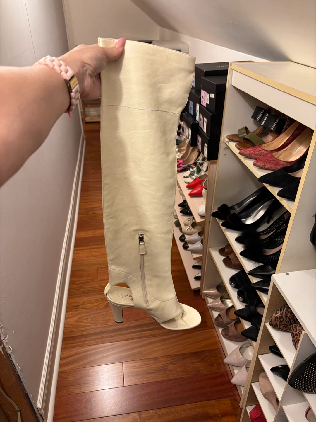 Chanel White Leather Thigh High Boots - Size 39