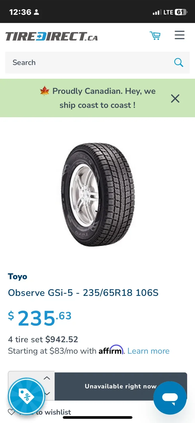 Toyo Observe GSi-5 Winter Tire 235/65R18 thumbnail