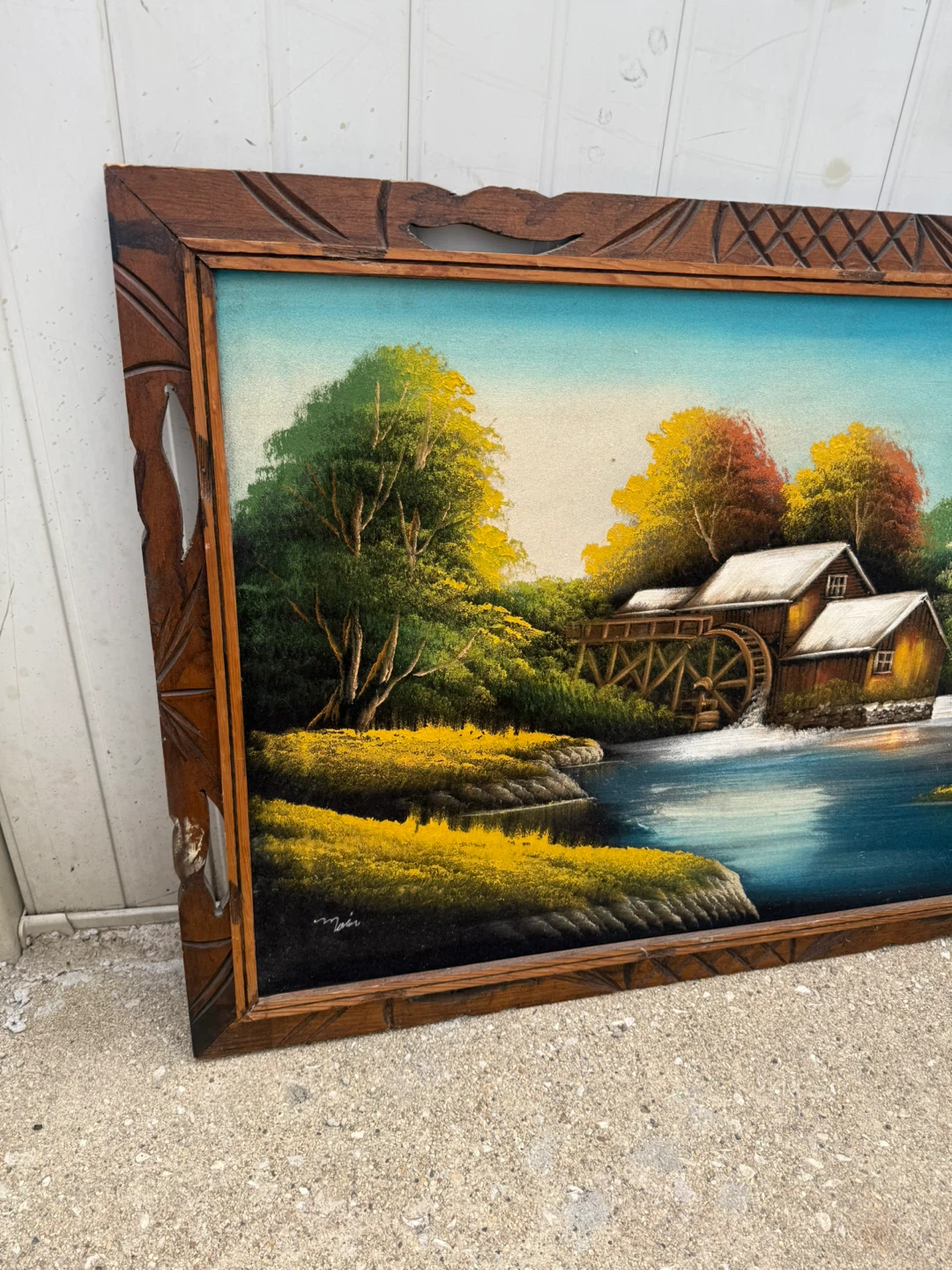 Vintage Framed Water Mill Painting from Mexico - photo 3