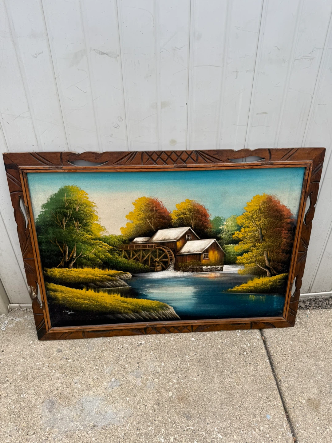 Vintage Framed Water Mill Painting from Mexico