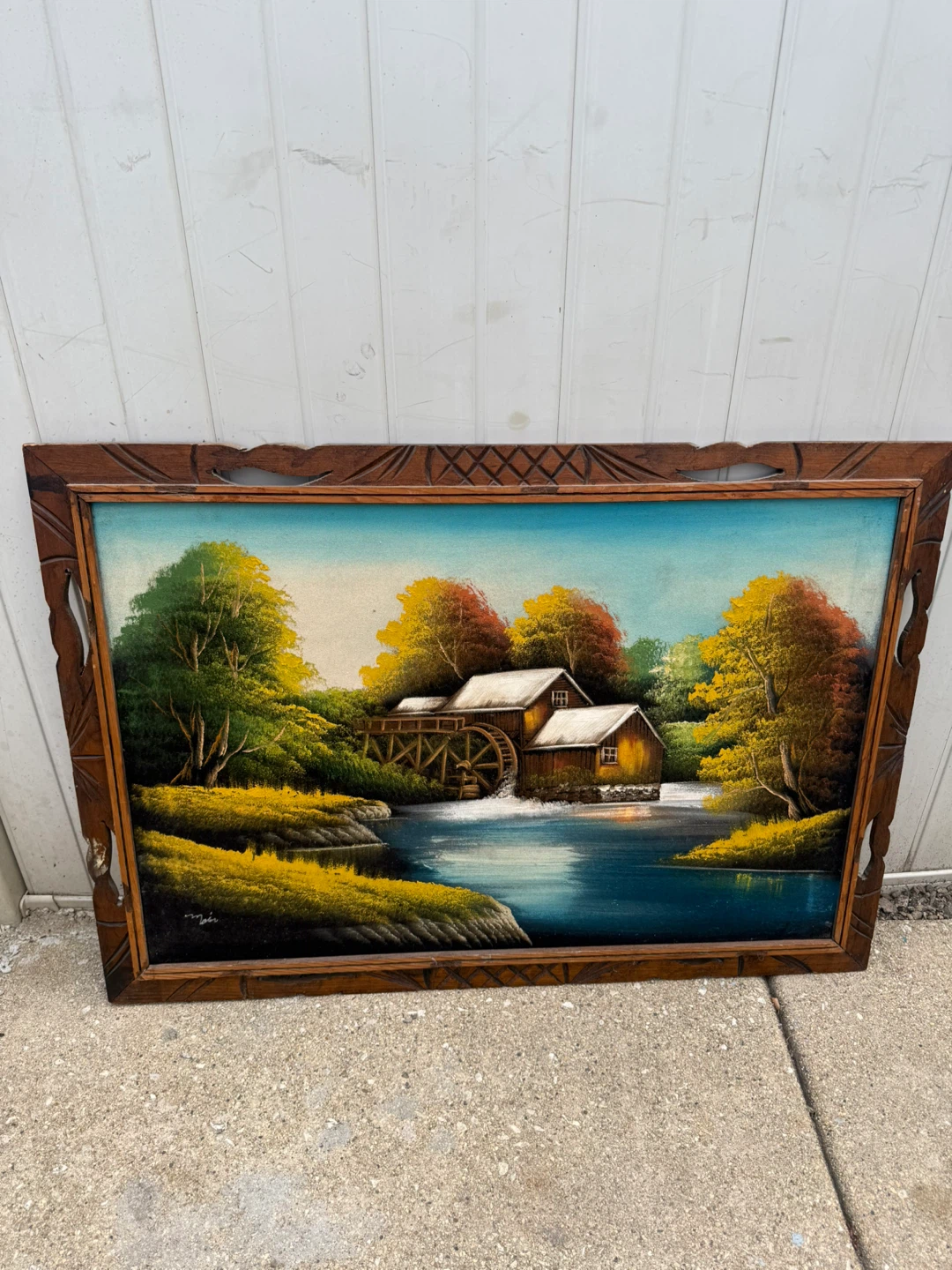Vintage Framed Water Mill Painting from Mexico - photo 2