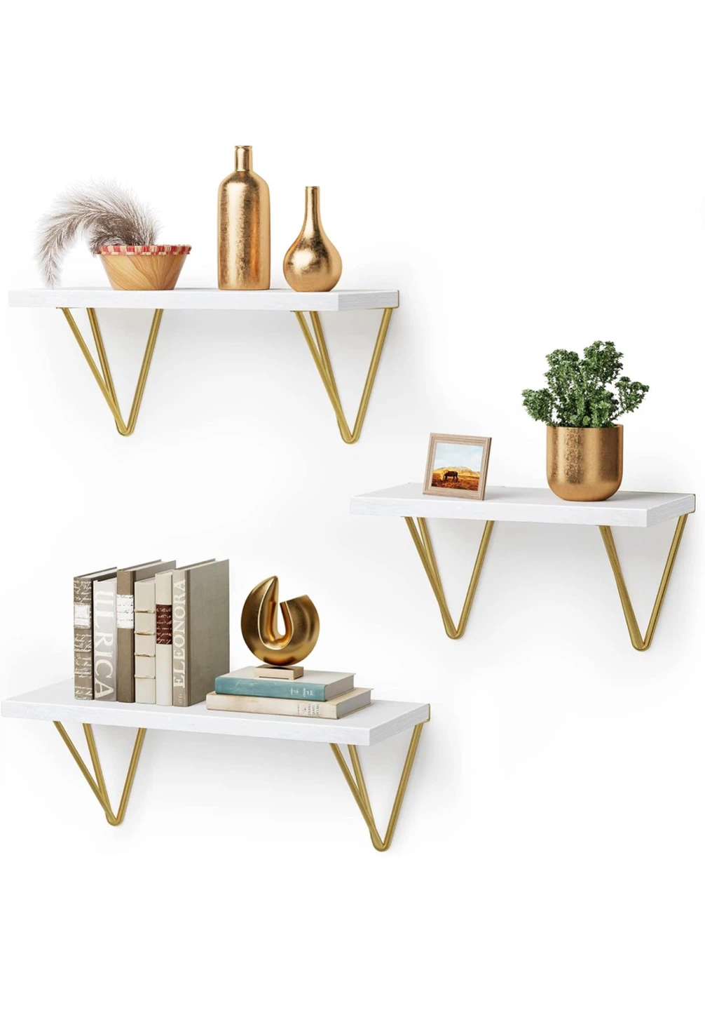 White Floating Shelves with Gold Triangle Brackets