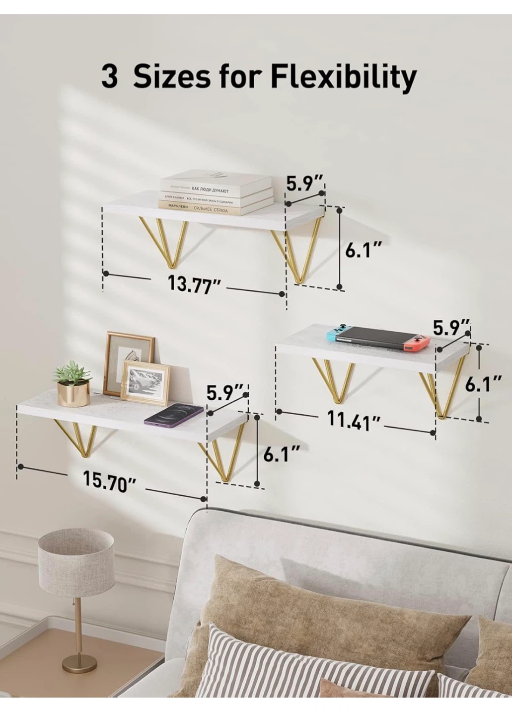 White Floating Shelves with Gold Triangle Brackets - photo 2