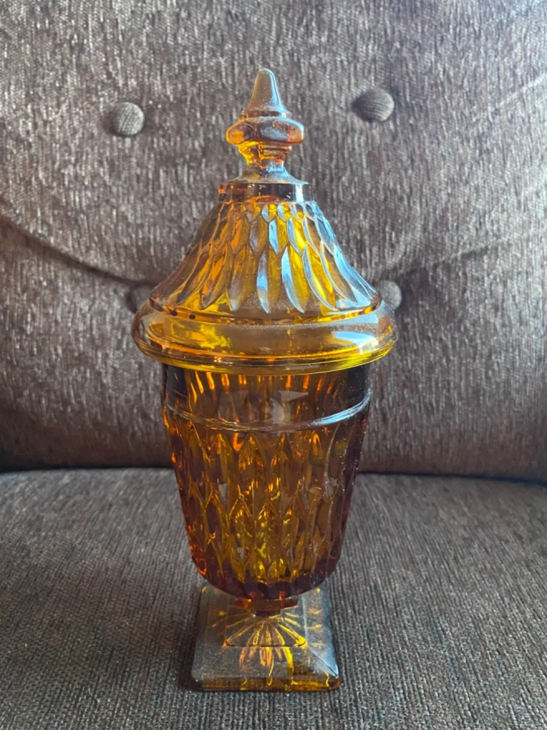 Vintage Indiana Glass Mount Vernon Amber Apothecary Dish thumbnail