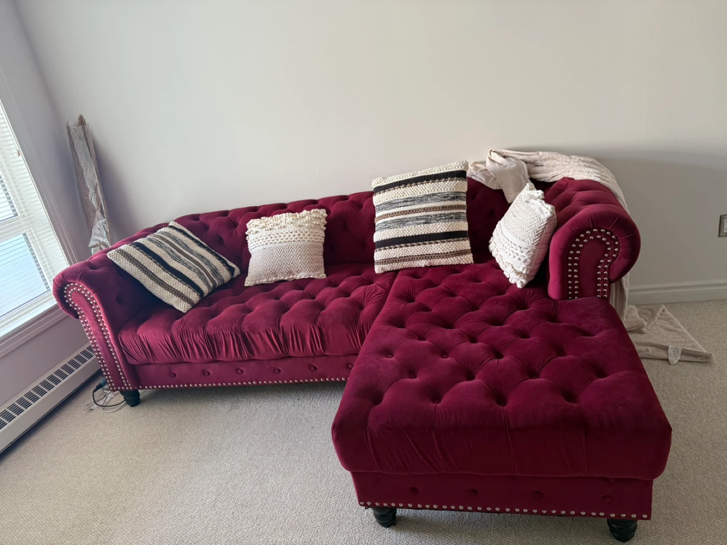 Red Velvet Chesterfield Sectional Sofa - photo 2