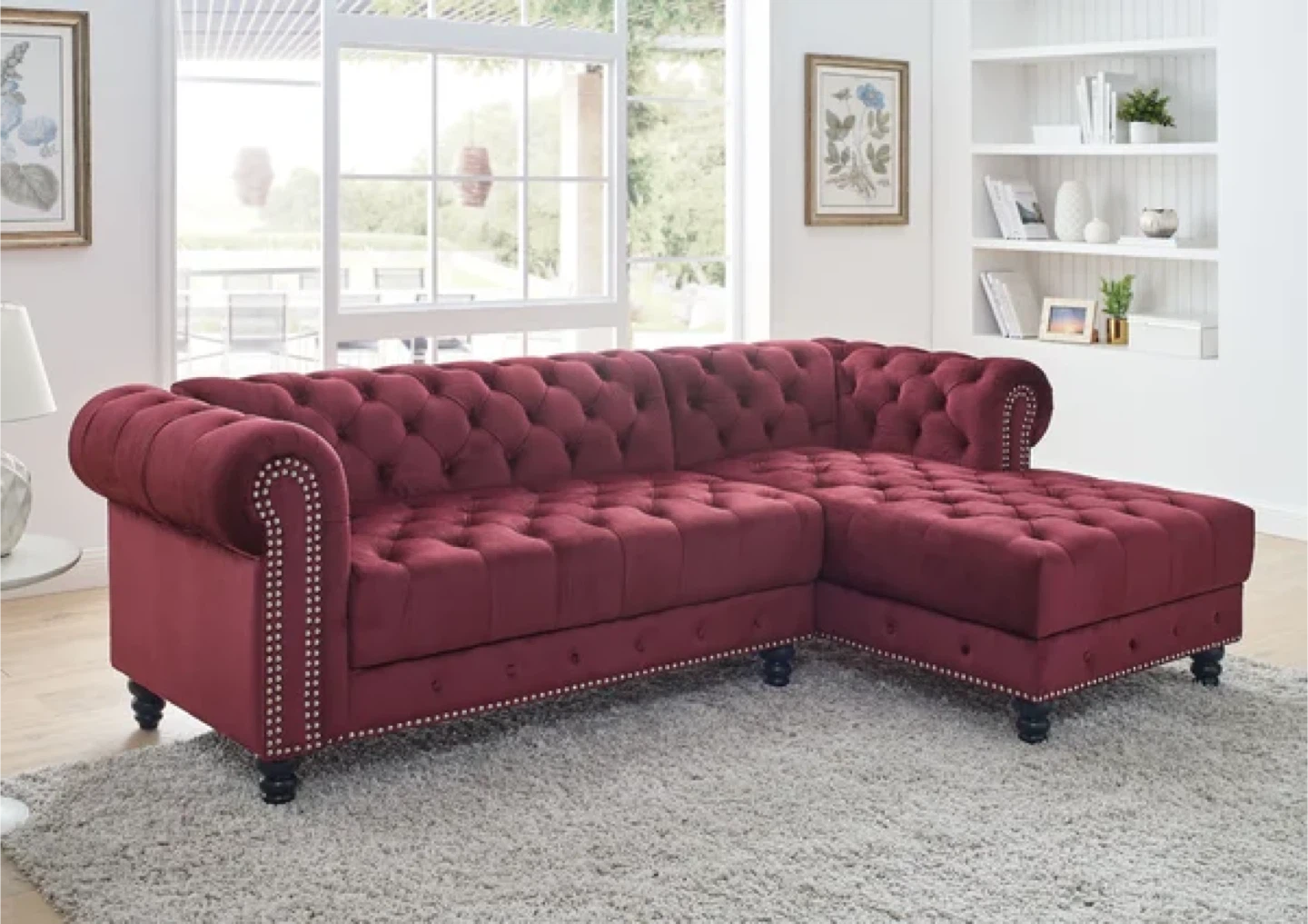 Red Velvet Chesterfield Sectional Sofa - photo 3