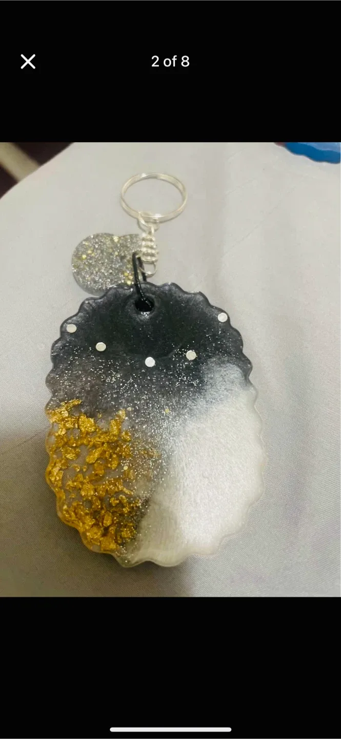Handmade Resin Keychain - Black, White, Gold thumbnail