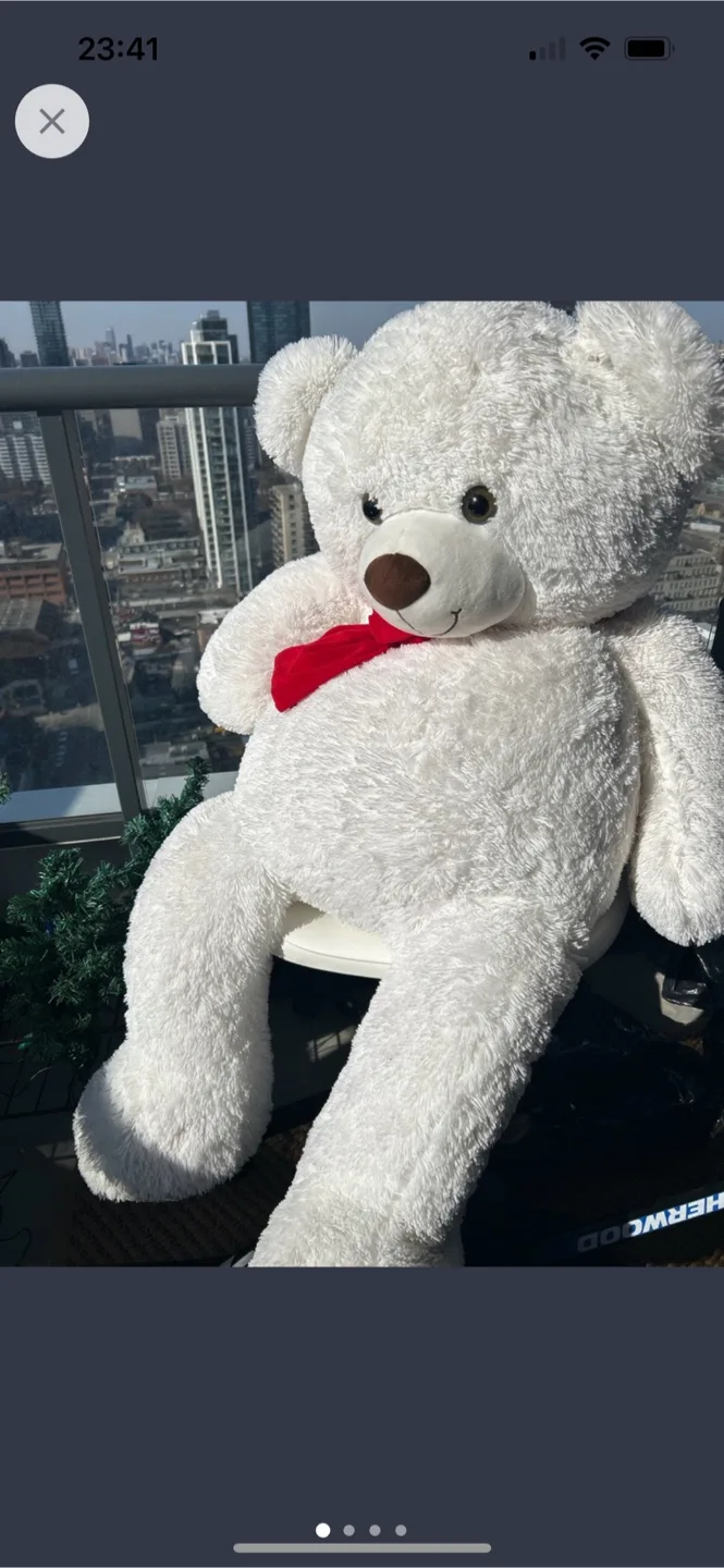 Giant White Teddy Bear with Red Bow thumbnail
