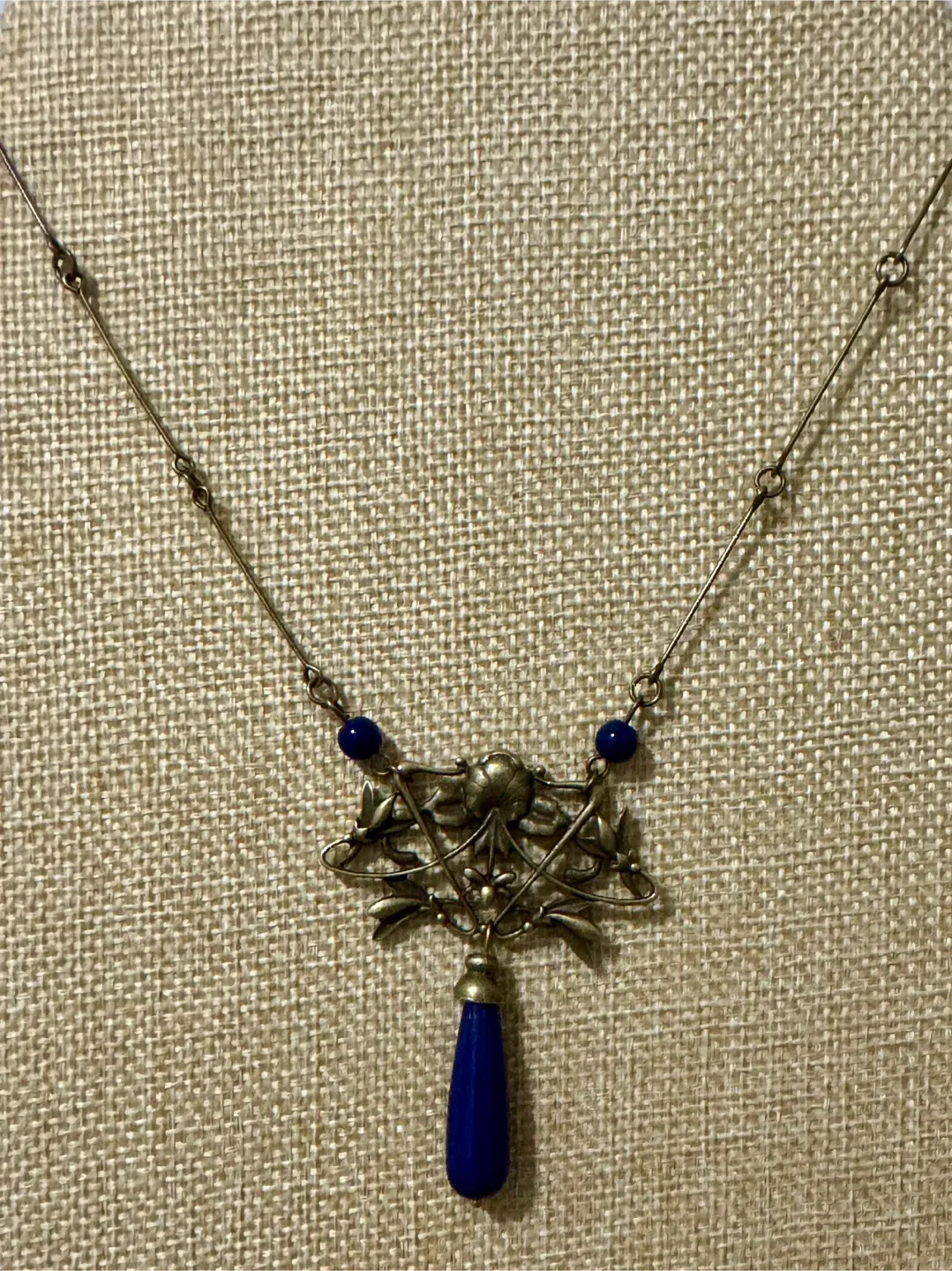 Art Nouveau Style Blue and Bronze Tone Necklace Earring Set 💙🦋 image indicator(5)