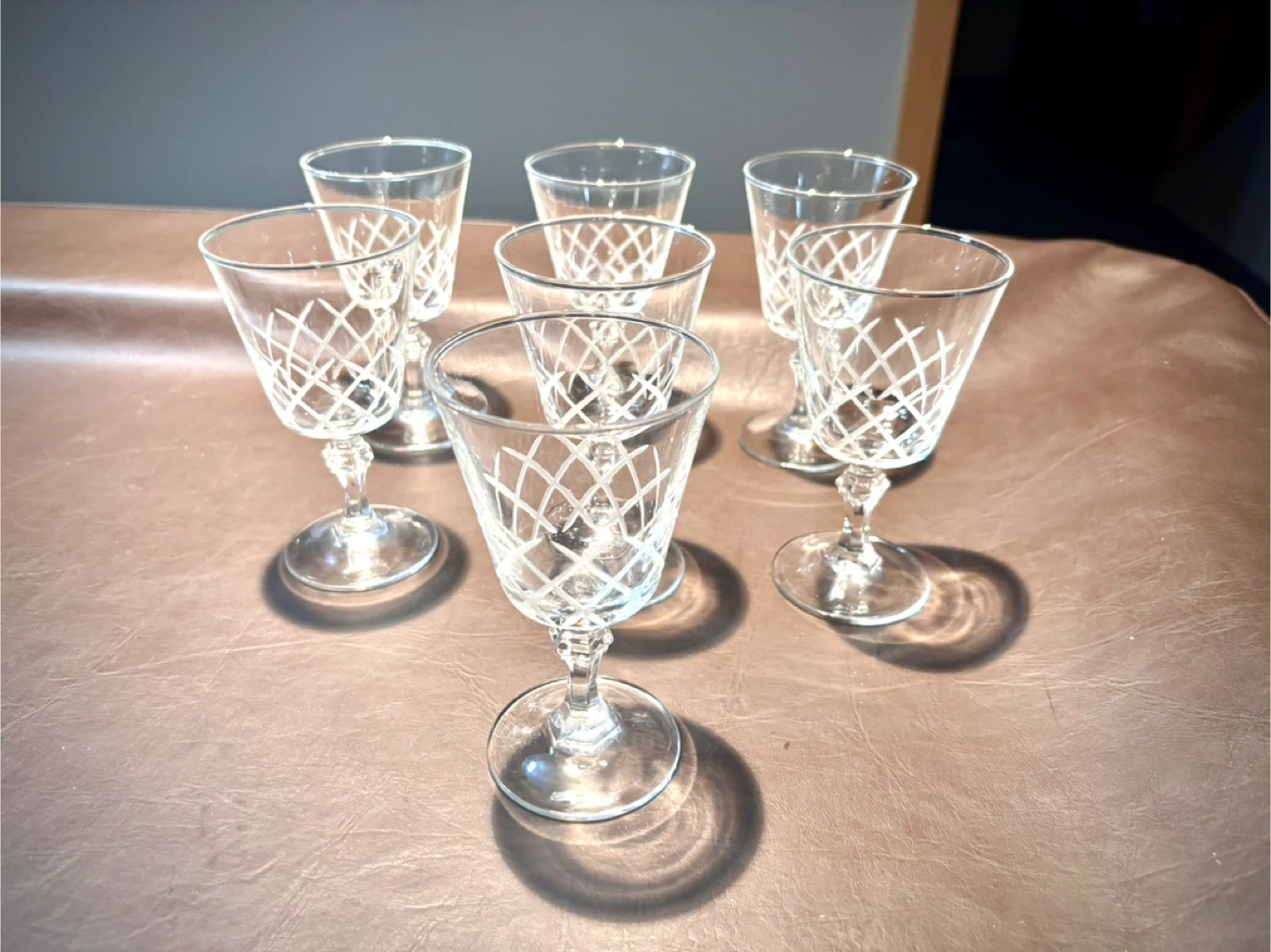 Set of 7 Etched Crystal Cordial Glasses