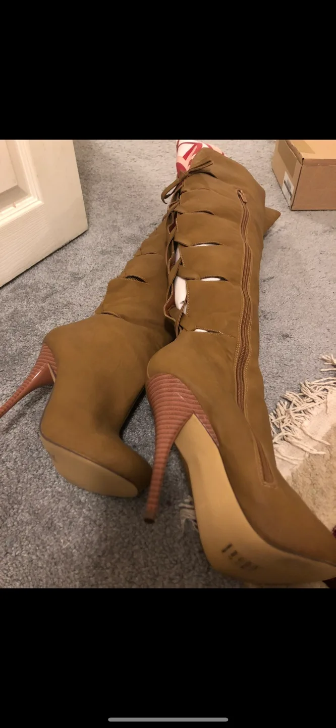 Tan Thigh High Heel Boots size 7 image indicator(3)