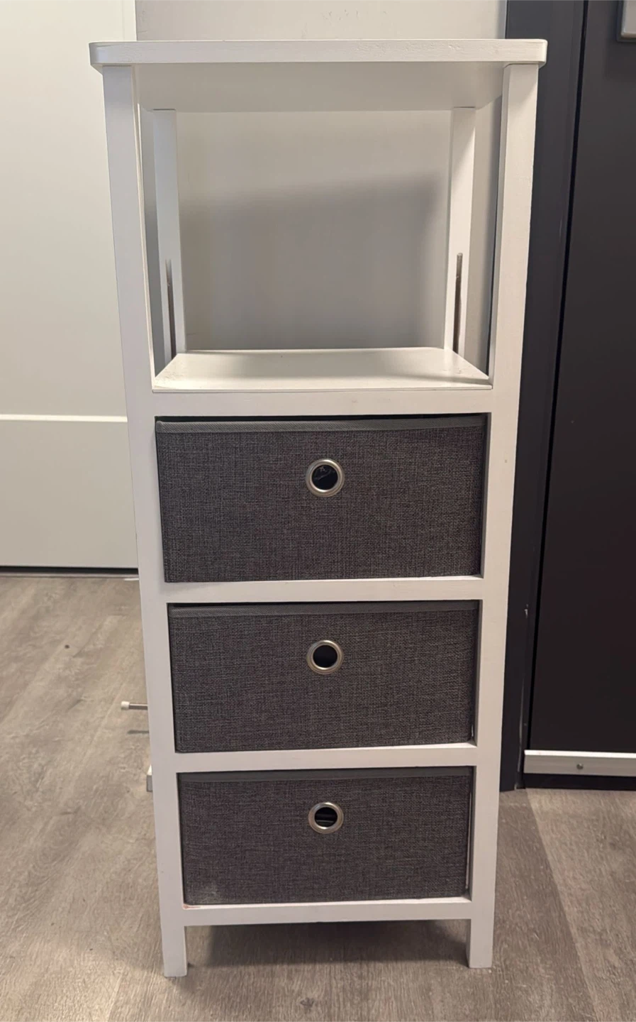 White Side Table with 3 Grey Fabric Drawers