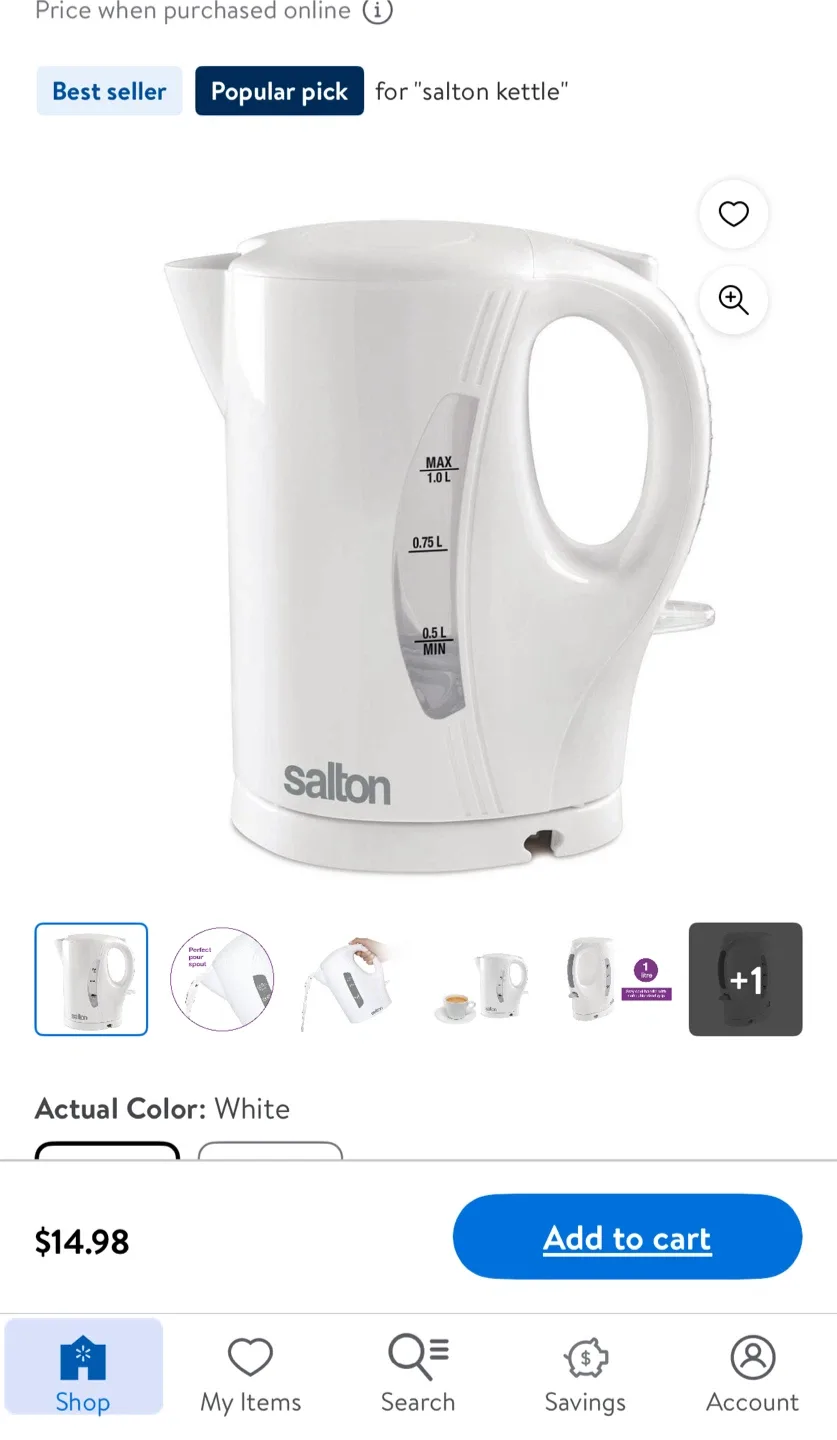 Salton 1.0L White Electric Kettle thumbnail