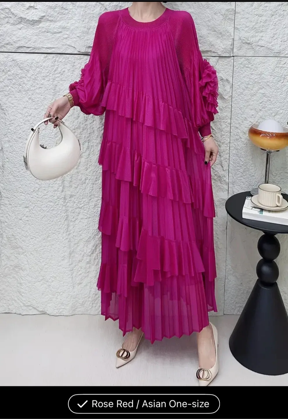 Rose Red Pleated Dress - Asian One-Size image indicator(2)