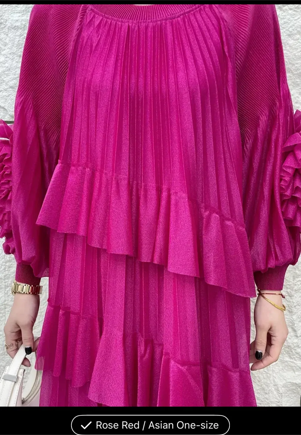 Rose Red Pleated Dress - Asian One-Size image indicator(4)