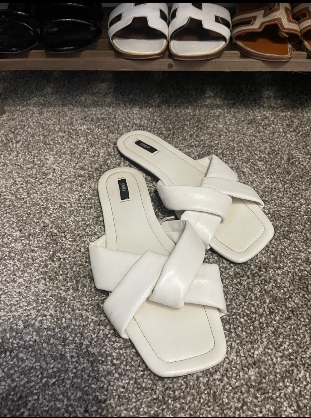 ONLY White Leather Slides - Size 10