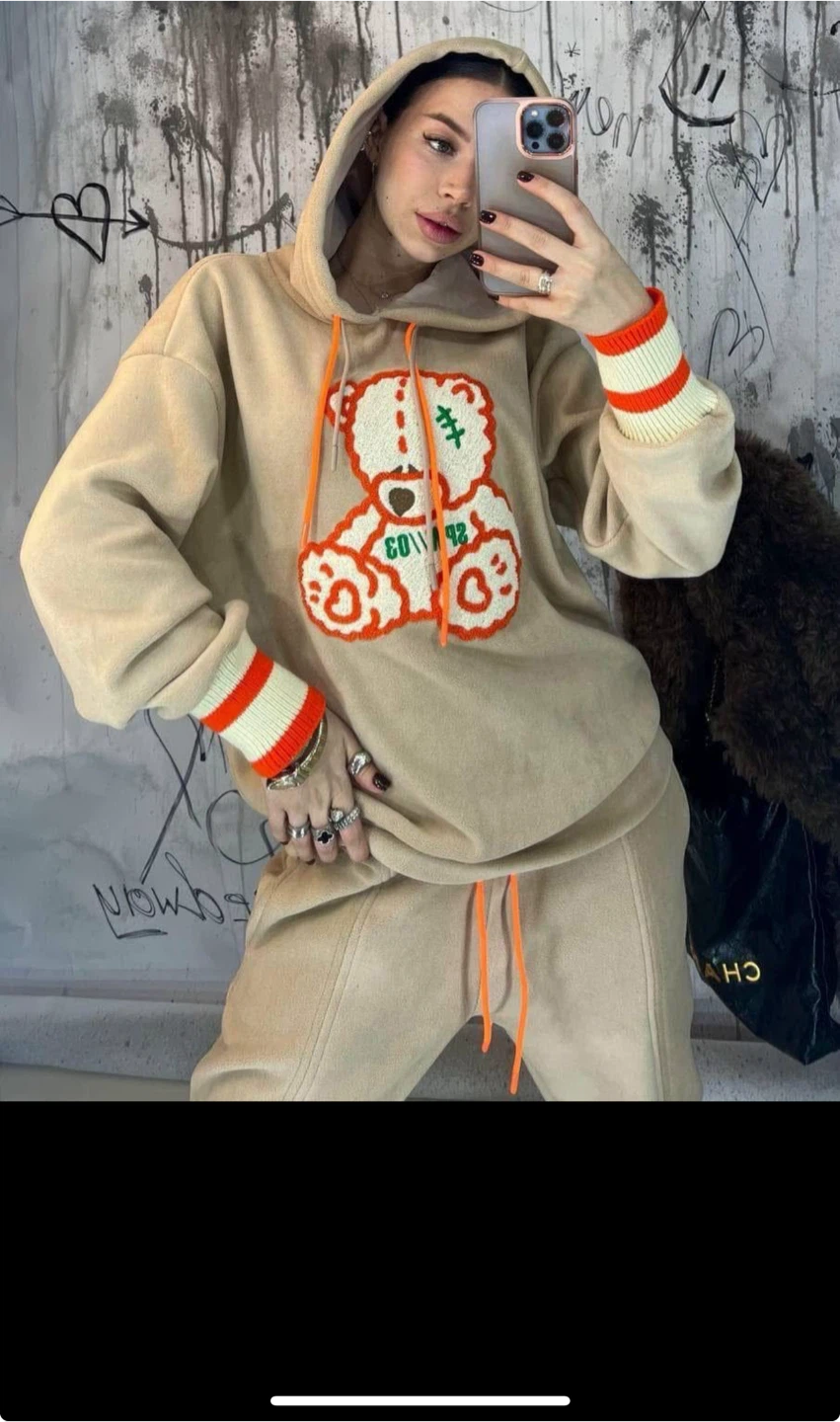 Beige Teddy Bear Hoodie & Sweatpants Set with fleece