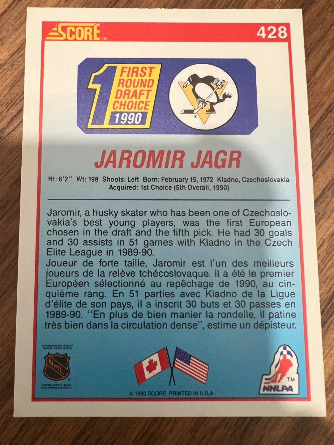 Jaromir Jagr 1990 Score Hockey Card image indicator(3)