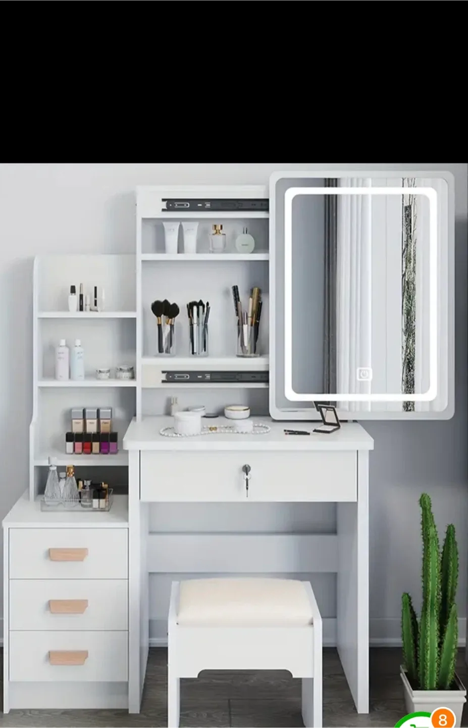 White Vanity Makeup Table with Mirror & Stool image indicator(4)