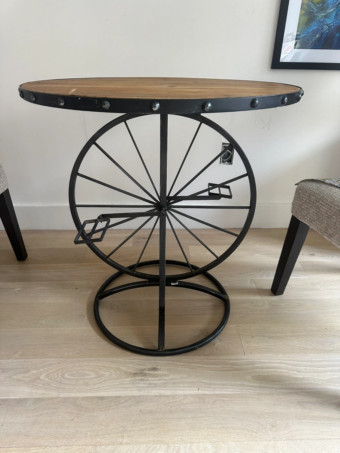 Round Wood Top Table with Bicycle Wheel Base