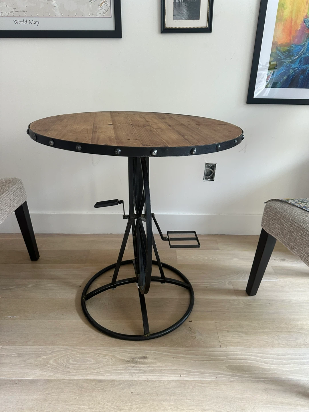 Round Wood Top Table with Bicycle Wheel Base - photo 2