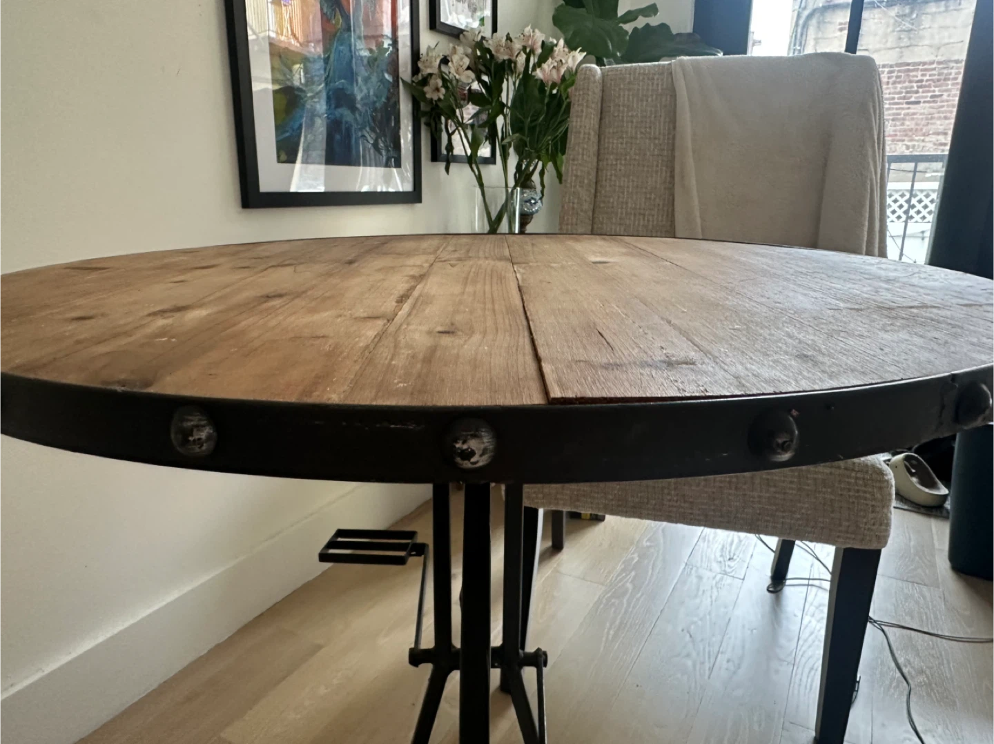 Round Wood Top Table with Bicycle Wheel Base - photo 4