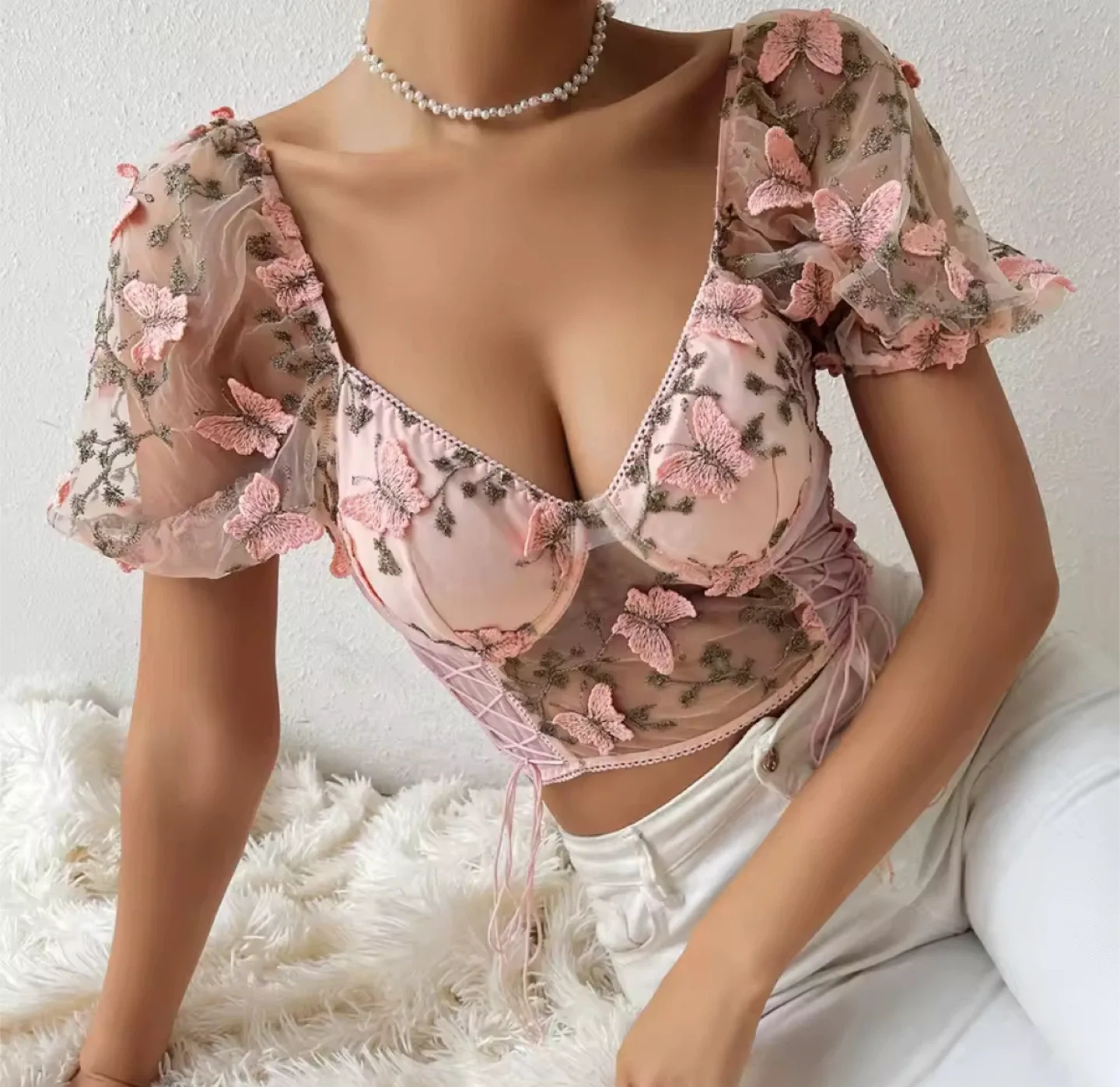 Pink Butterfly Embroidered Mesh Corset Top image indicator(3)