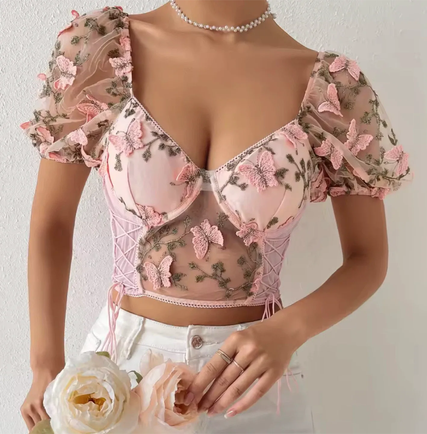 Pink Butterfly Embroidered Mesh Corset Top image indicator(2)
