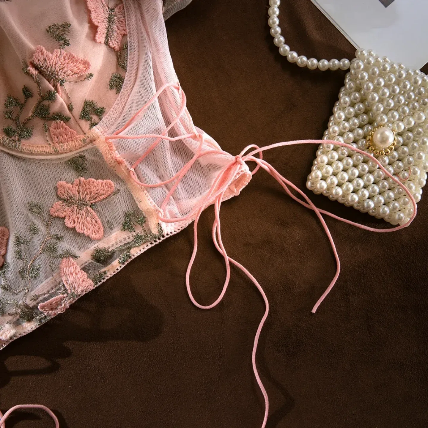 Pink Butterfly Embroidered Mesh Corset Top image indicator(7)