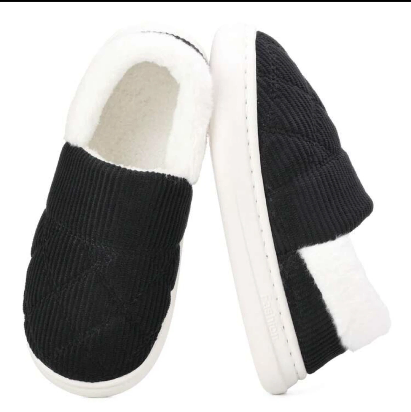 Black Corduroy Slippers with White Fur Lining