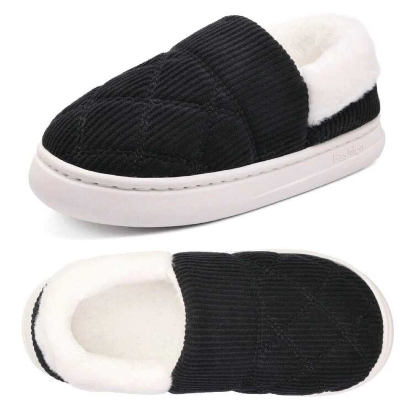 Black Corduroy Slippers with White Fur Lining - photo 5