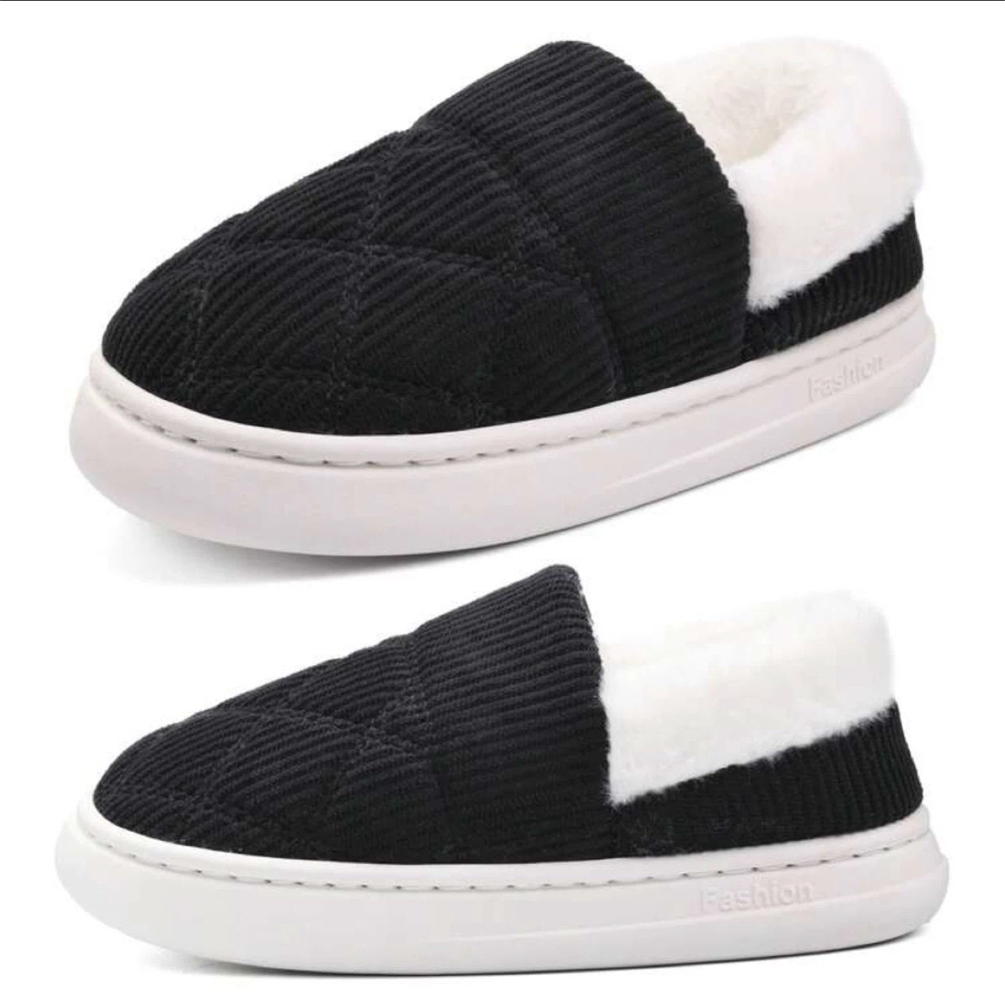 Black Corduroy Slippers with White Fur Lining - photo 4