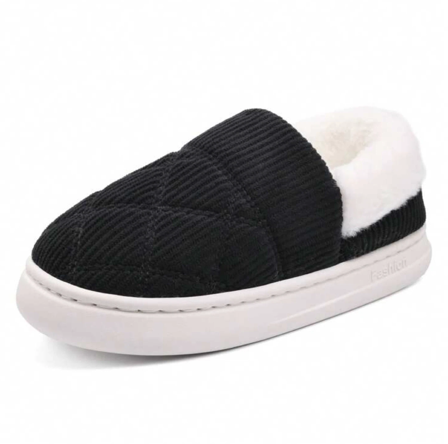 Black Corduroy Slippers with White Fur Lining - photo 2