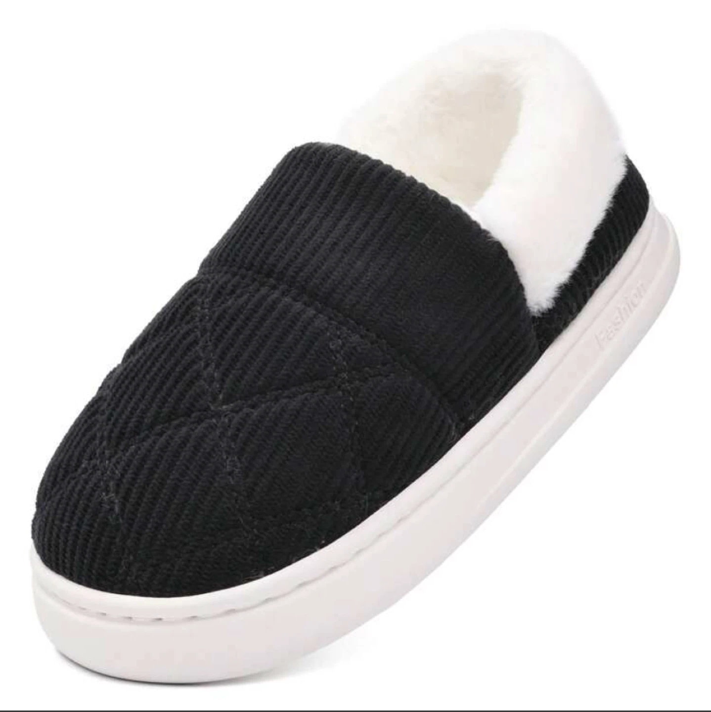 Black Corduroy Slippers with White Fur Lining - photo 3