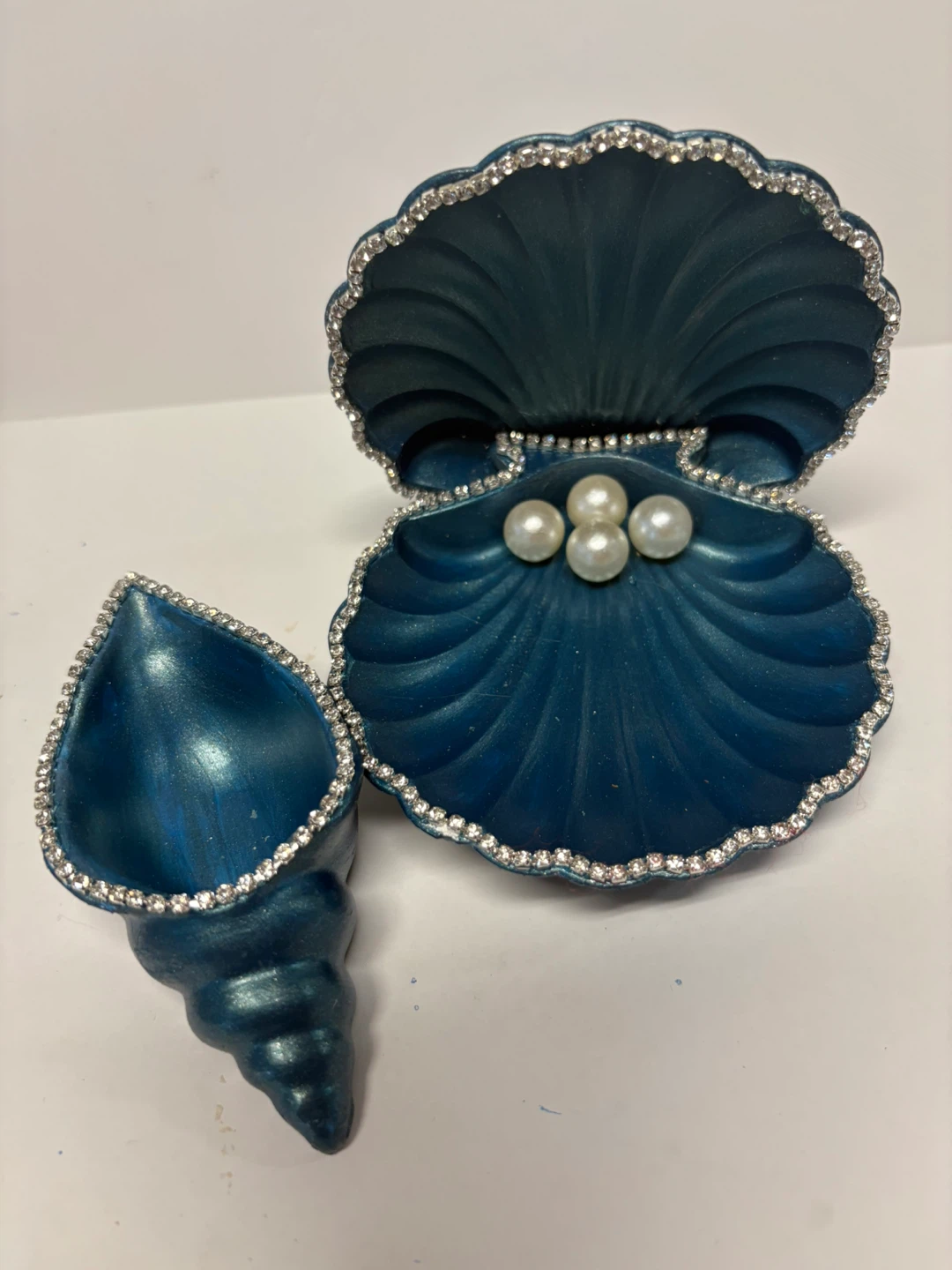 handmade deep ocean blue seashell trinket set |jewelry holder d