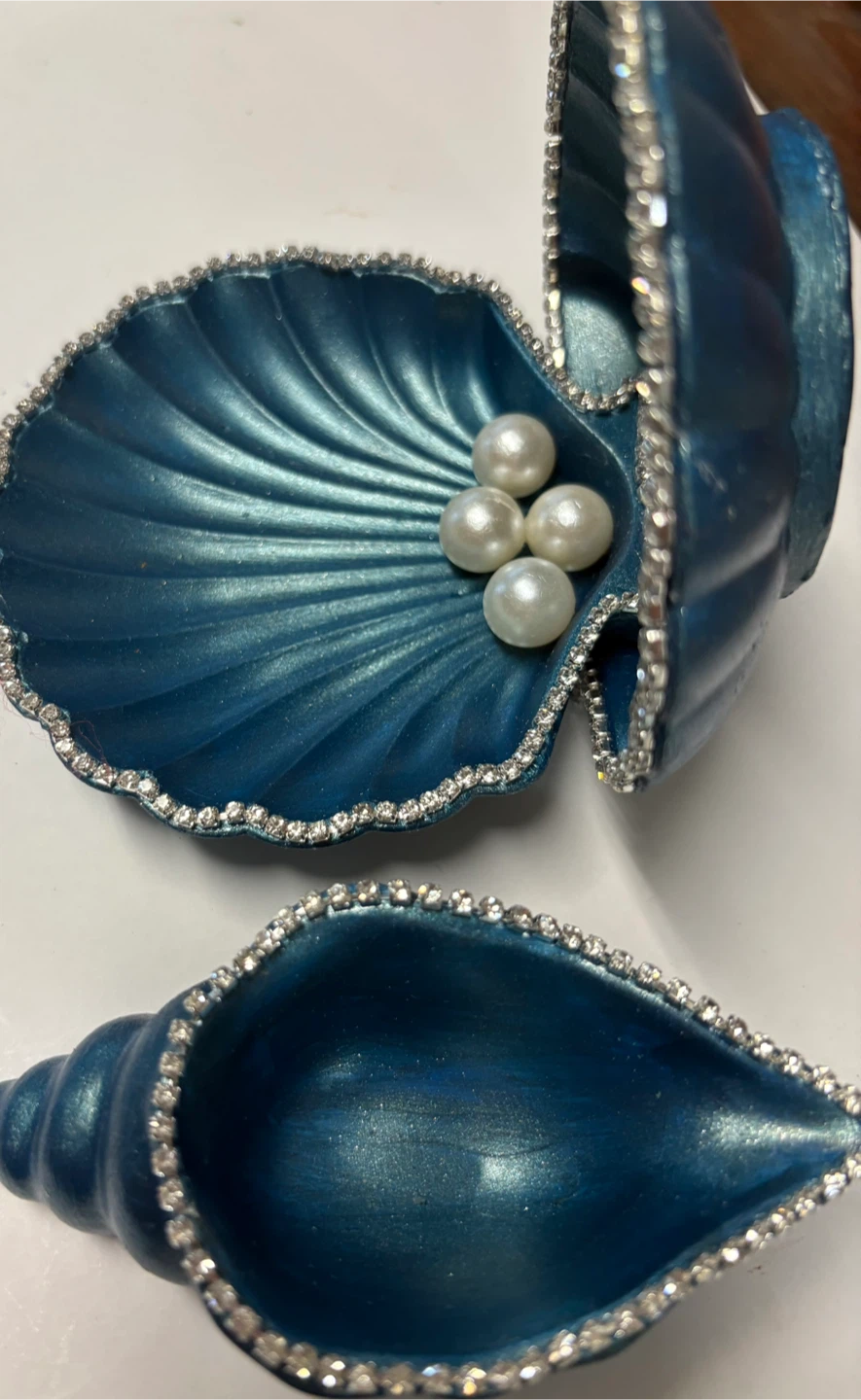 handmade deep ocean blue seashell trinket set |jewelry holder d - photo 2