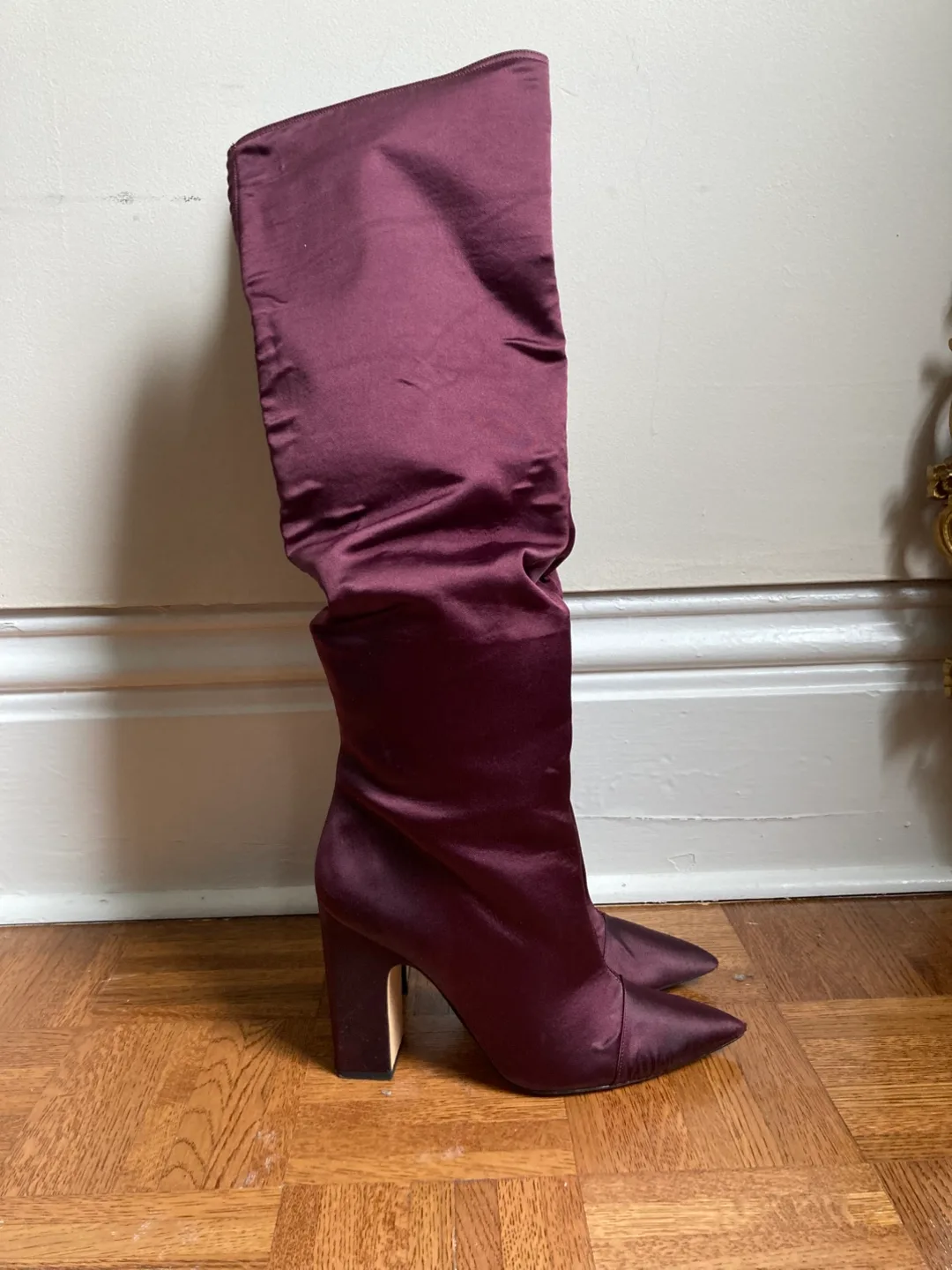 Burgundy Satin Knee High Boots thumbnail