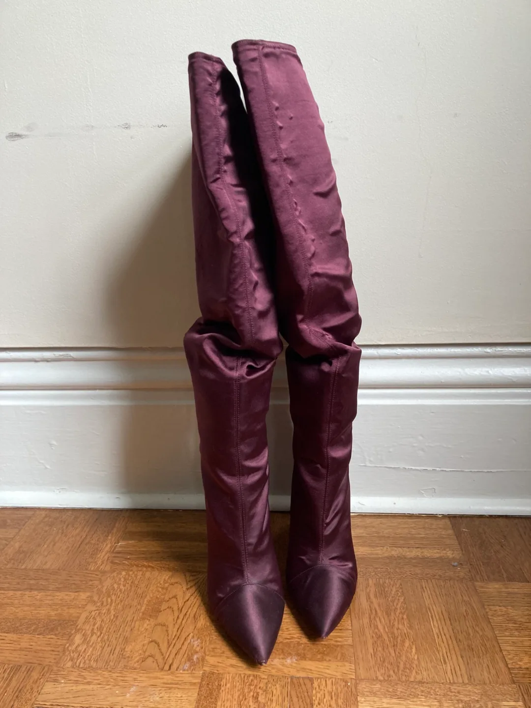 Burgundy Satin Knee High Boots image indicator(2)