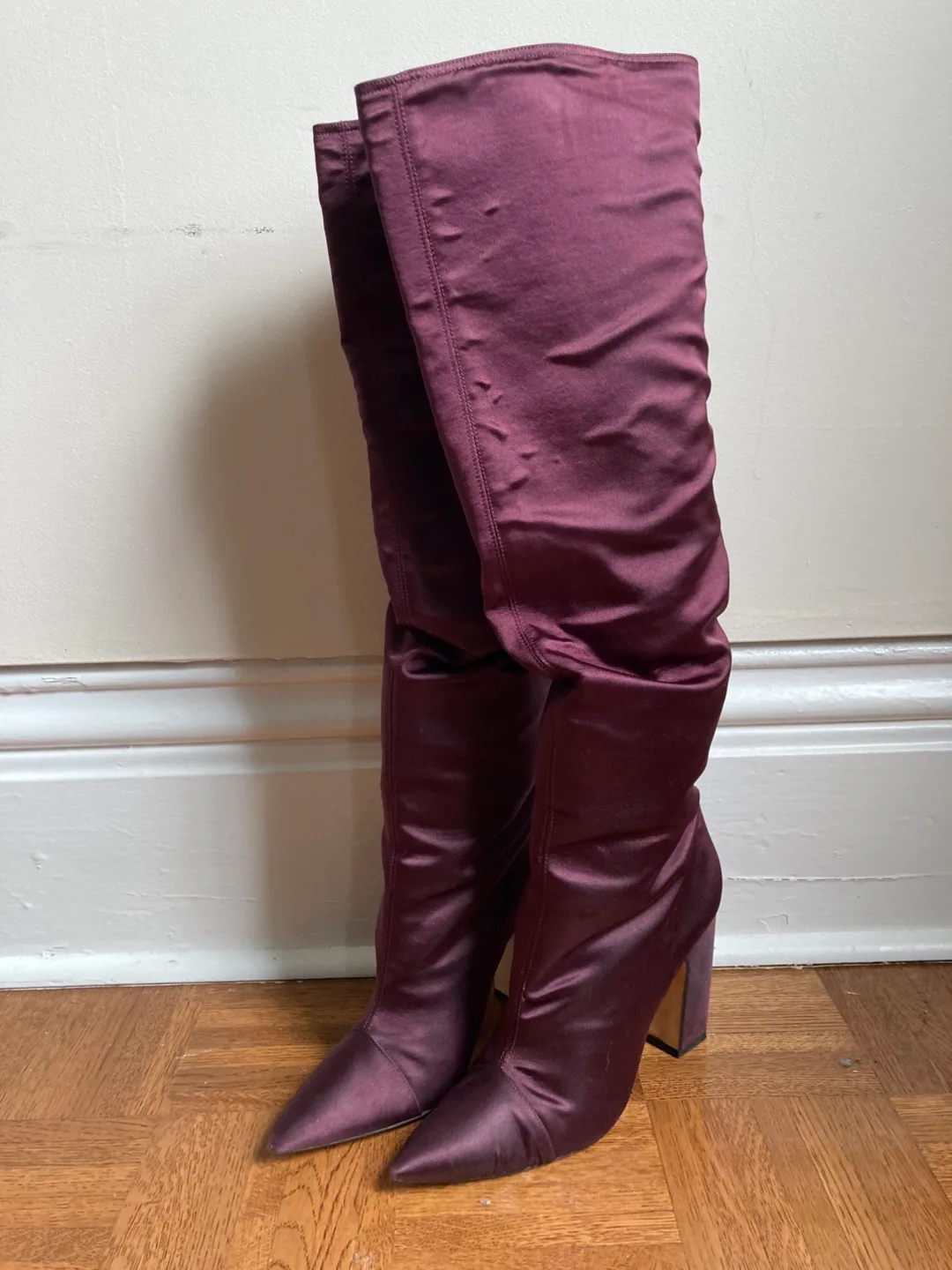 Burgundy Satin Knee High Boots image indicator(3)