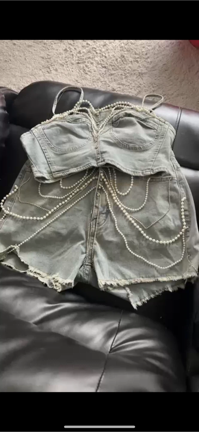 Denim Two-Piece Set with Pearl Detail
