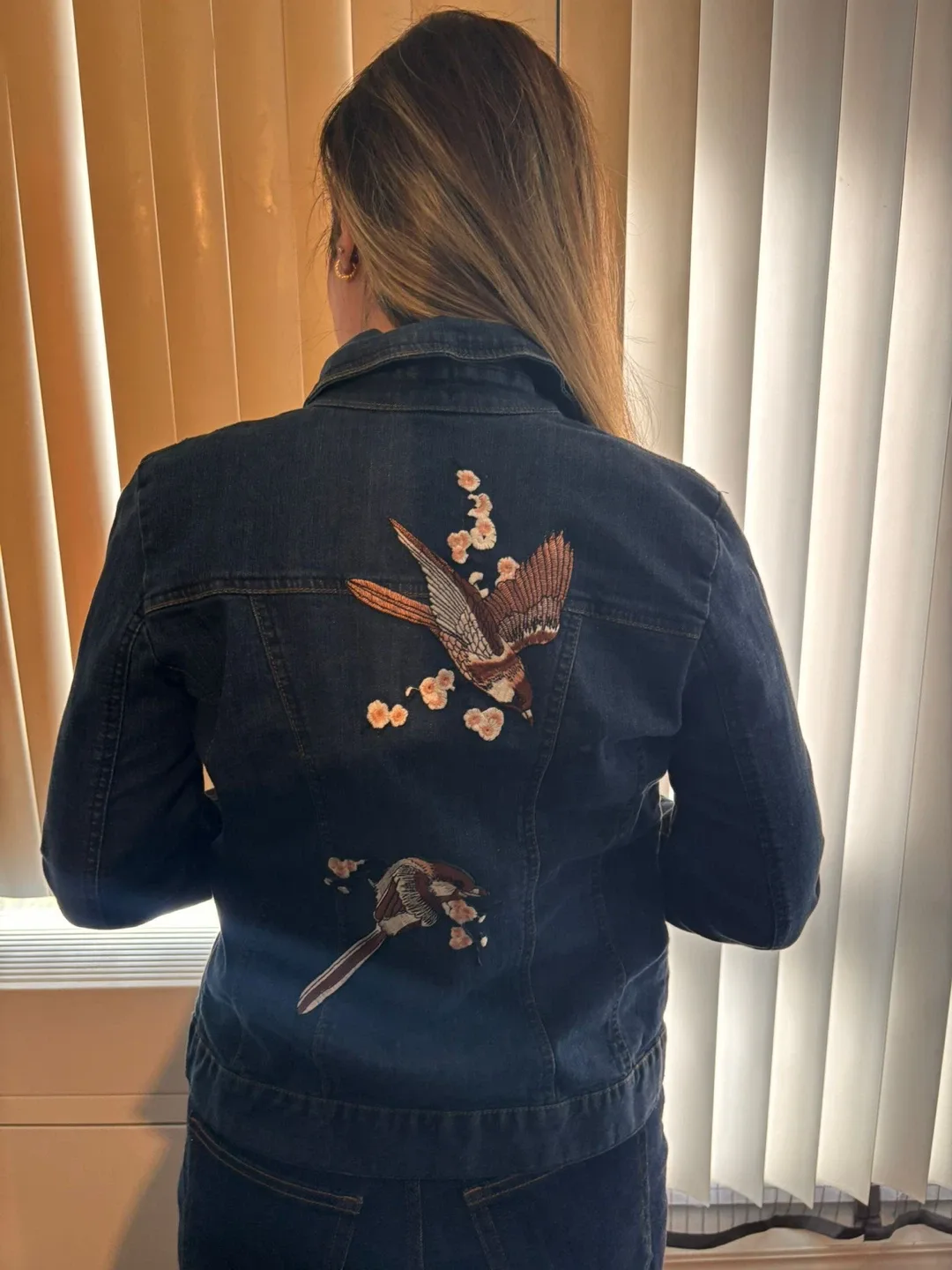 Denim Jacket with Bird Embroidery