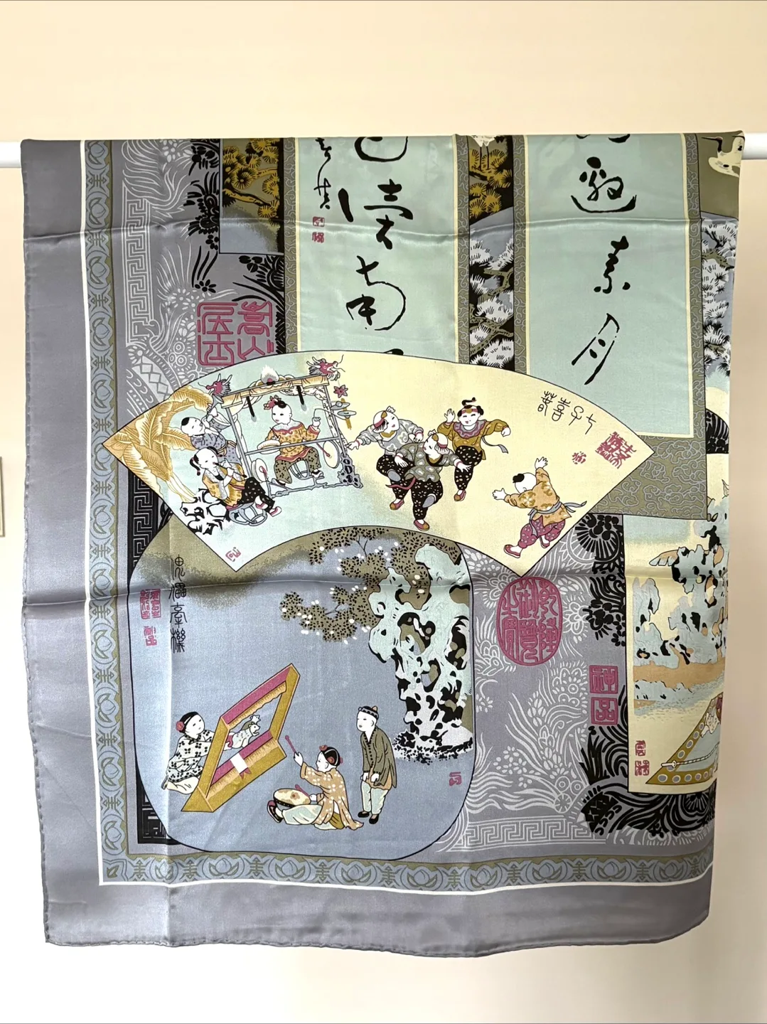 Patterned Silk Scarf with Asian Arts Design - New