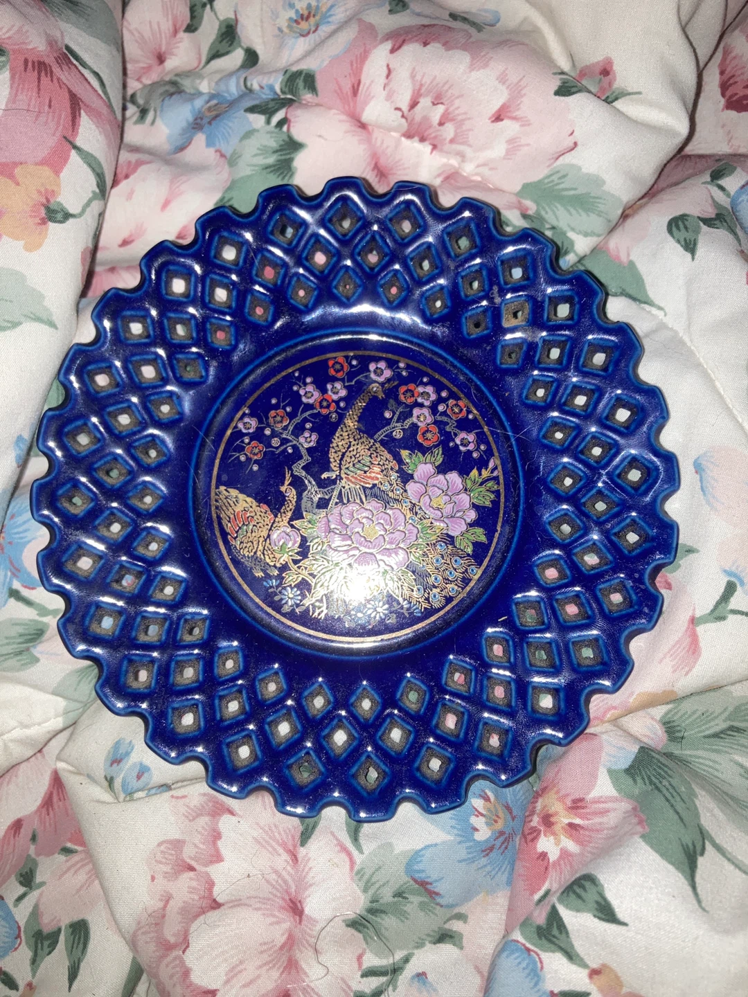 Vintage Decorative Plate - Blue with Floral Design