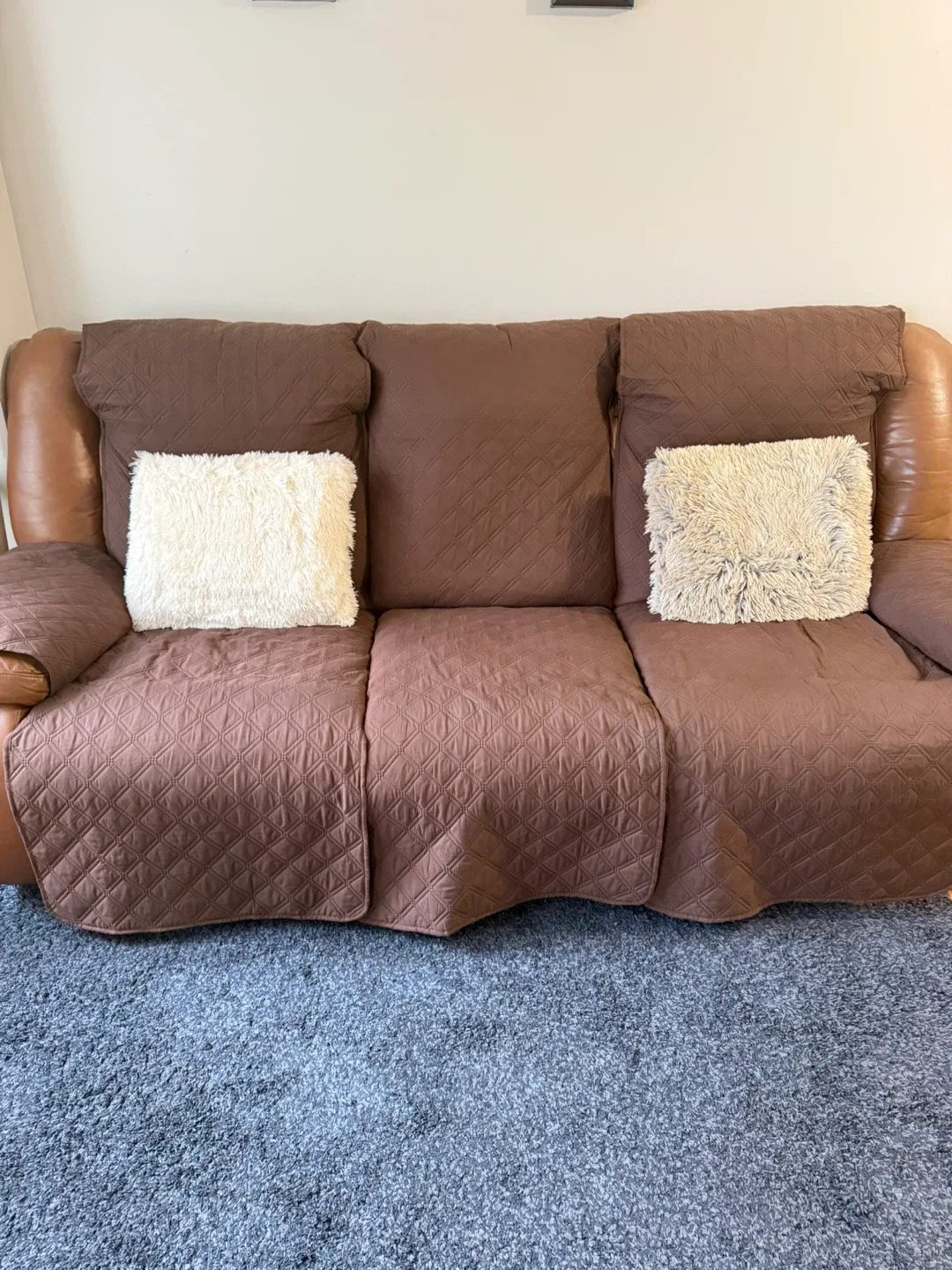MOVING OUT SALE !! Brown Quilted Sofa with Cover thumbnail