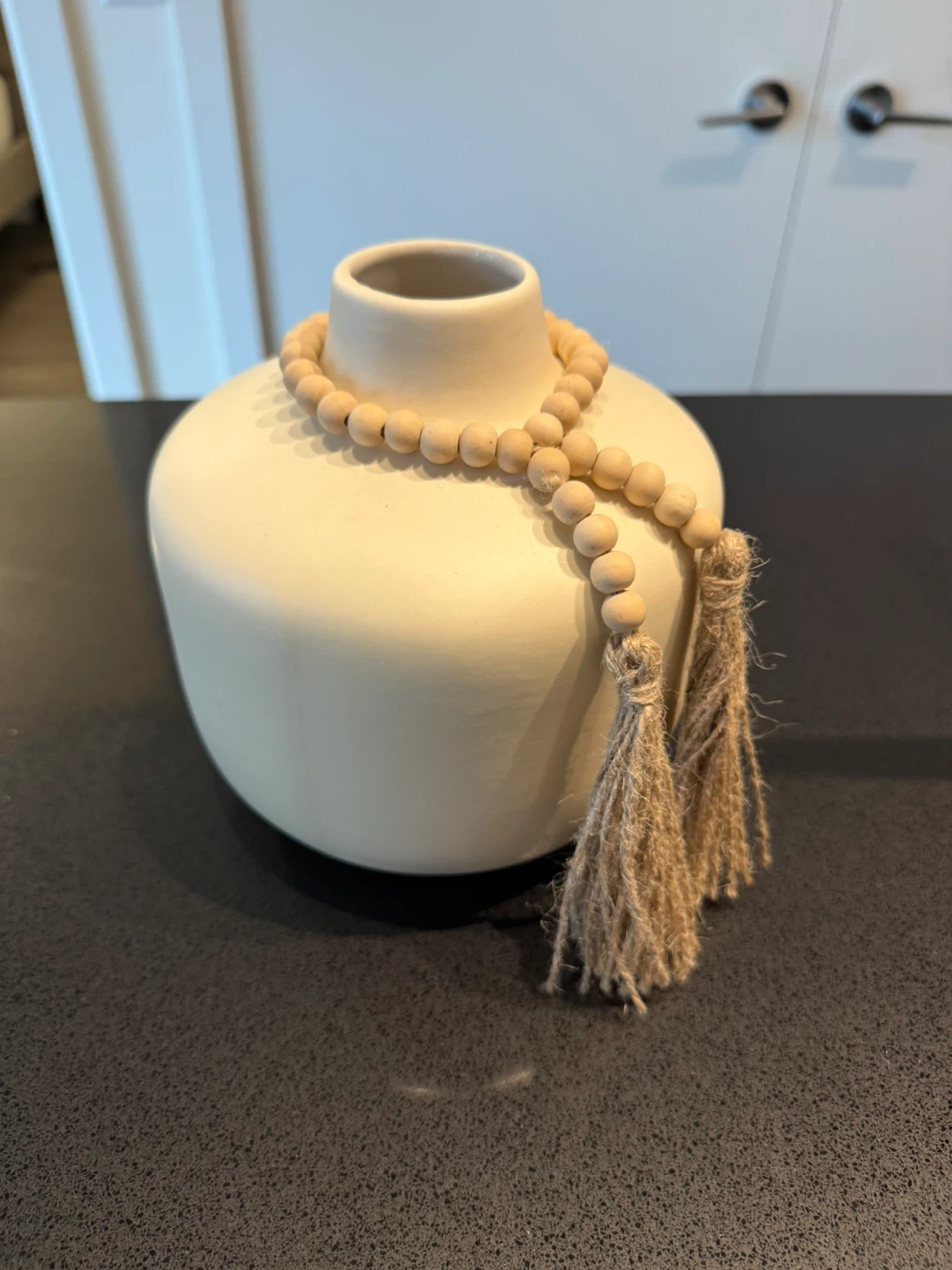 Off-White Ceramic Vase with Beaded Tassel