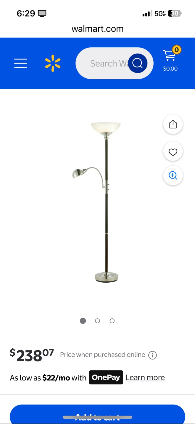 Mainstays Floor Lamp with Reading Light