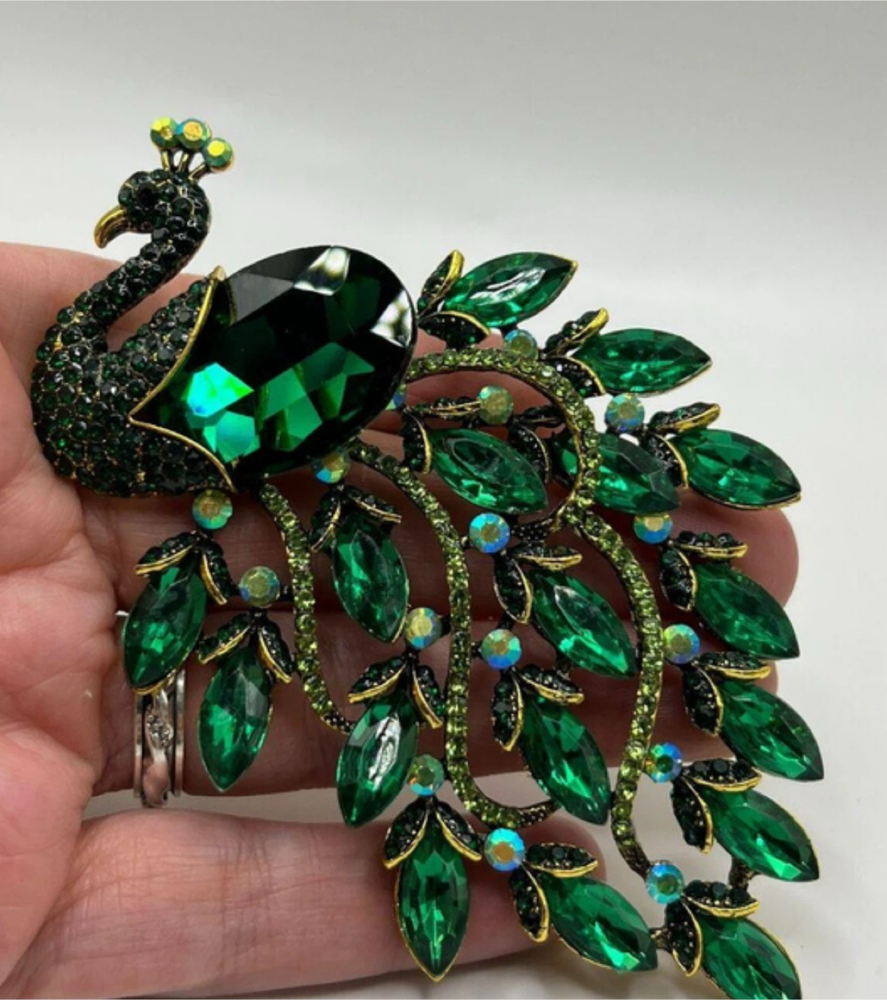 Peacock Brooch - Green Rhinestone