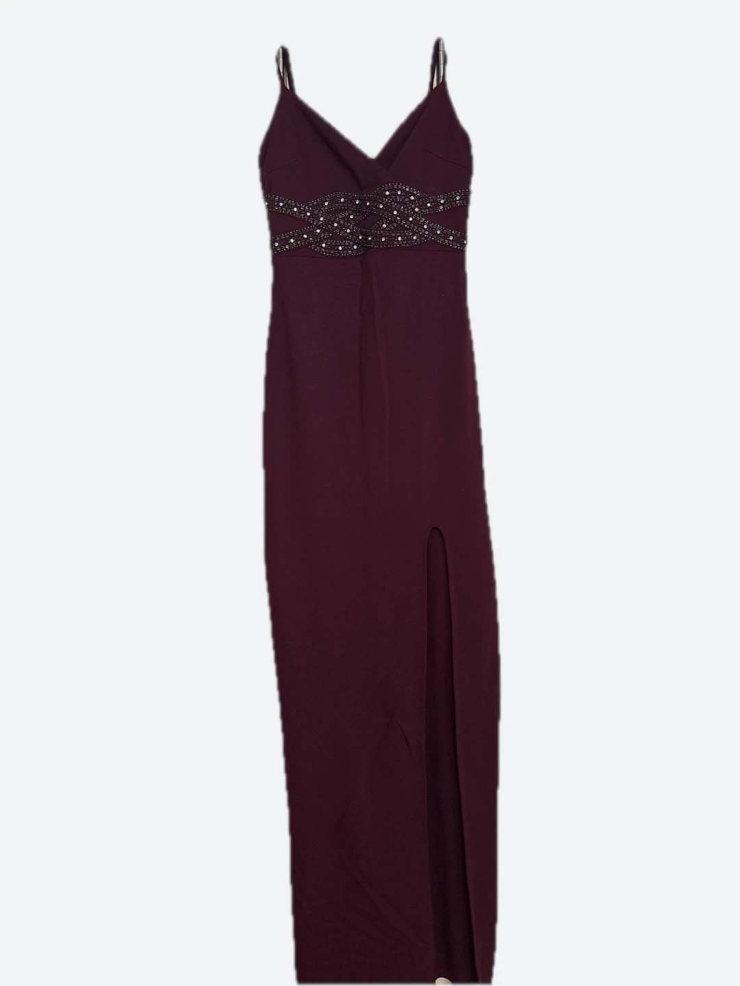 Burgundy beaded formal dress with slit - photo 4